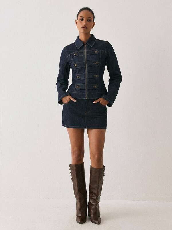 ATUI Studio Fall/Winter Casual Business Party Women's Navy Denim Set: Long-Sleeve Front-Zip Napoleon-Style Jacket And Skirt