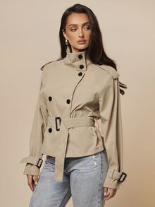 Silquee Short Khaki Trench Coat, French Vintage Style, Urban Mature Cargo Style Fusion, Stand Collar Double-Breasted Design, Cool And Chic, Suitable For Daily Commute, Light Socializing, Dating - Khaki - View 6