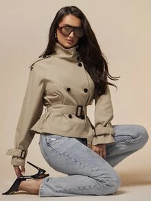 Silquee Short Khaki Trench Coat, French Vintage Style, Urban Mature Cargo Style Fusion, Stand Collar Double-Breasted Design, Cool And Chic, Suitable For Daily Commute, Light Socializing, Dating - Khaki - View 7