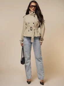 Silquee Short Khaki Trench Coat, French Vintage Style, Urban Mature Cargo Style Fusion, Stand Collar Double-Breasted Design, Cool And Chic, Suitable For Daily Commute, Light Socializing, Dating - Khaki - View 3