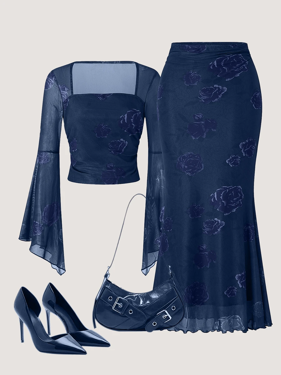 SHEIN Rose Print T-Shirt And Mermaid Hem Skirt 2 Pieces Set (Asymmetric Print) - Navy Blue - View 1