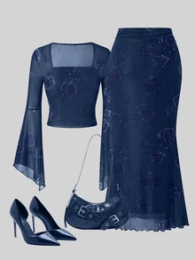 SHEIN Rose Print T-Shirt And Mermaid Hem Skirt 2 Pieces Set (Asymmetric Print) - Navy Blue - View 2