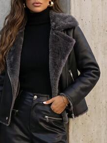 Anewsta Women's Black PU Leather Composite Faux Rabbit Fur Collar Jacket - Black - View 3