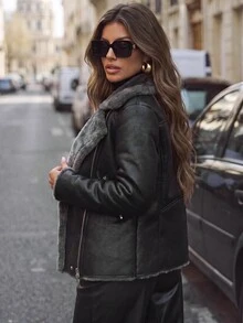 Anewsta Women's Black PU Leather Composite Faux Rabbit Fur Collar Jacket - Black - View 5