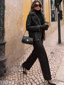 Anewsta Women's Black PU Leather Composite Faux Rabbit Fur Collar Jacket - Black - View 4