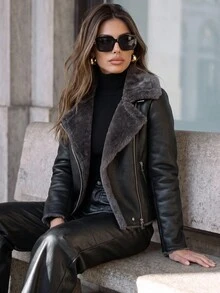 Anewsta Women's Black PU Leather Composite Faux Rabbit Fur Collar Jacket - Black - View 6