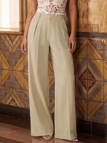 Anewsta Essential Pantalones de traje de pierna recta, de unicolor, elegantes y modernos, adecuados para vacaciones y Año Nuevo - Beis - Ver 5