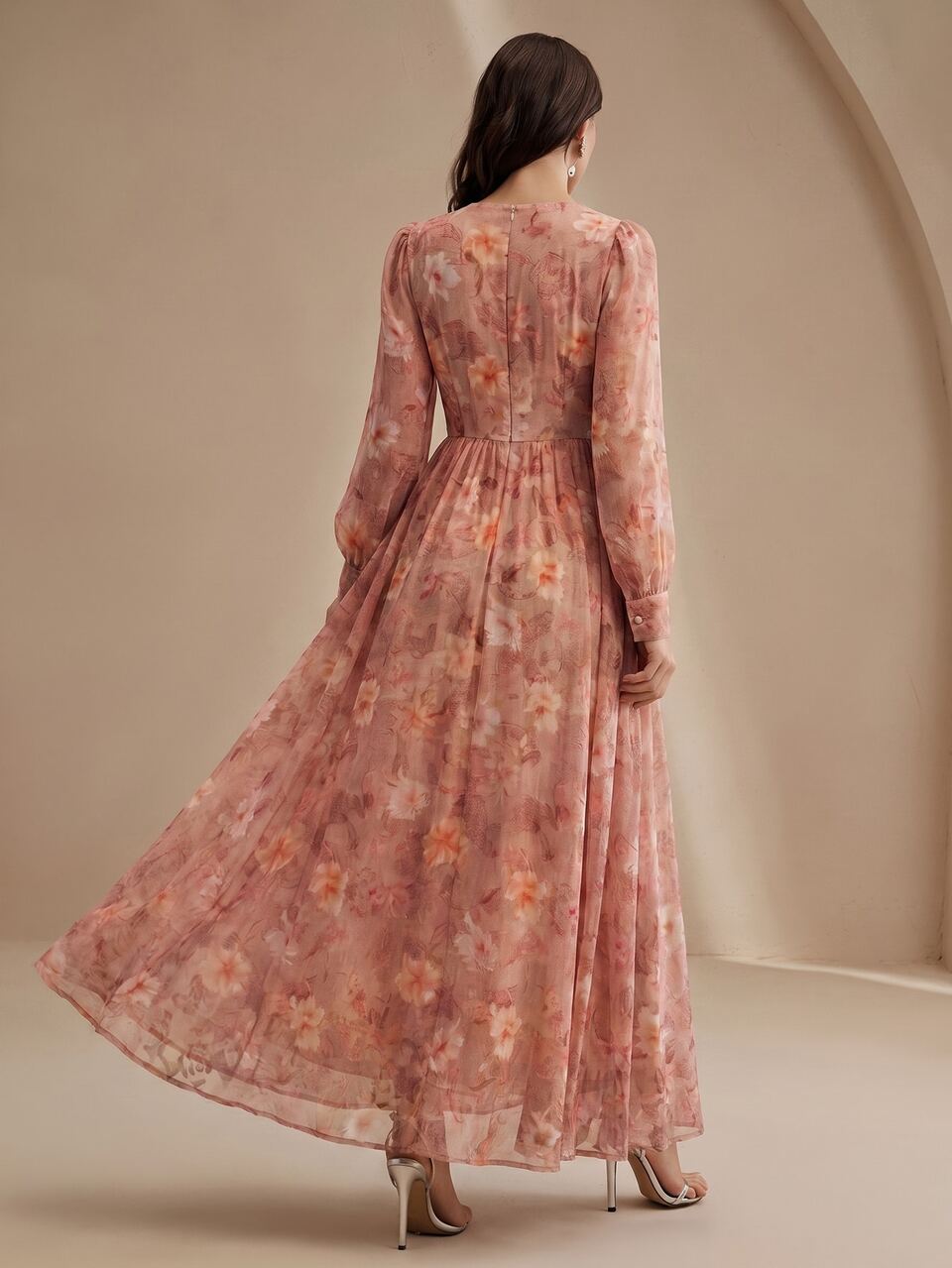 Anewsta Women's Pink Floral Print Maxi Dress, Deep V-Neck, Long Puff Sleeves, Ruched Waist, Ruffle Trim, Flowy Chiffon, Vacation Party Dress