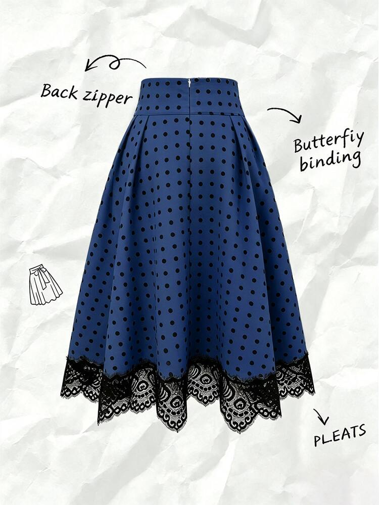 SHEIN Women's Polka Dot Pattern Contrast Lace Hem Elegant Pleated Skirt - Navy Blue - View 2