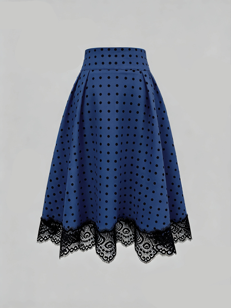 SHEIN Women's Polka Dot Pattern Contrast Lace Hem Elegant Pleated Skirt - Navy Blue - View 3