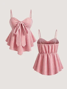 SHEIN Y2K 熱帶可愛 Coquette 風格紅白條紋抓皺胸衣背心上衣 前方蝴蝶結 Fairycore 學院風 海灘度假野餐夏季款 - 紅色 - 查看 1