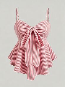 SHEIN Y2K 熱帶可愛 Coquette 風格紅白條紋抓皺胸衣背心上衣 前方蝴蝶結 Fairycore 學院風 海灘度假野餐夏季款 - 紅色 - 查看 3