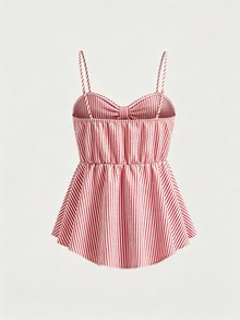 SHEIN Y2K 熱帶可愛 Coquette 風格紅白條紋抓皺胸衣背心上衣 前方蝴蝶結 Fairycore 學院風 海灘度假野餐夏季款 - 紅色 - 查看 2