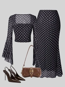 SHEIN Rose Print Bandeau Top And Mermaid Hem Skirt 2 Pieces Set (Asymmetric Print) - Black - View 2