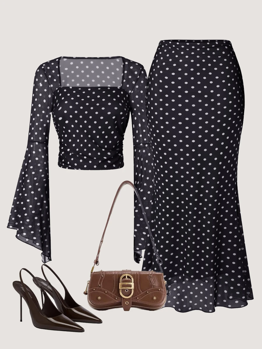 SHEIN Rose Print Bandeau Top And Mermaid Hem Skirt 2 Pieces Set (Asymmetric Print) - Black - View 1