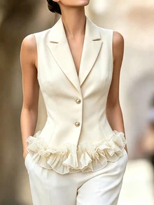 SHEIN Women's Spring/Summer/Autumn Apricot Lapel Collar Waist-Cinching Vest, Mesh Ruffle Hem Patchwork Single-Breasted Design, Blazer - Apricot - View 5