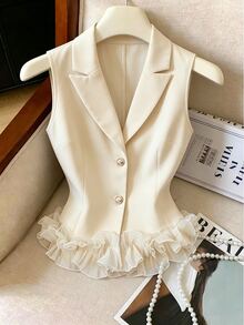 SHEIN Women's Spring/Summer/Autumn Apricot Lapel Collar Waist-Cinching Vest, Mesh Ruffle Hem Patchwork Single-Breasted Design, Blazer - Apricot - View 8