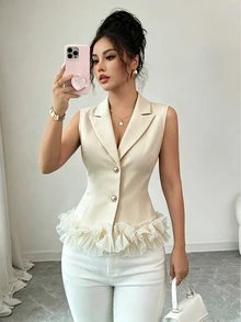 SHEIN Women's Spring/Summer/Autumn Apricot Lapel Collar Waist-Cinching Vest, Mesh Ruffle Hem Patchwork Single-Breasted Design, Blazer - Apricot - View 9