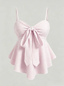 SHEIN Y2K Cute Coquette Aesthetic Pink And White Striped Ruched Bustier Cami Top With Front Bow, Fairycore Preppy G Going Out Vacation Summer - Pink - View 3