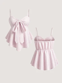 SHEIN Y2K Cute Coquette Aesthetic Pink And White Striped Ruched Bustier Cami Top With Front Bow, Fairycore Preppy G Going Out Vacation Summer - Pink - View 1