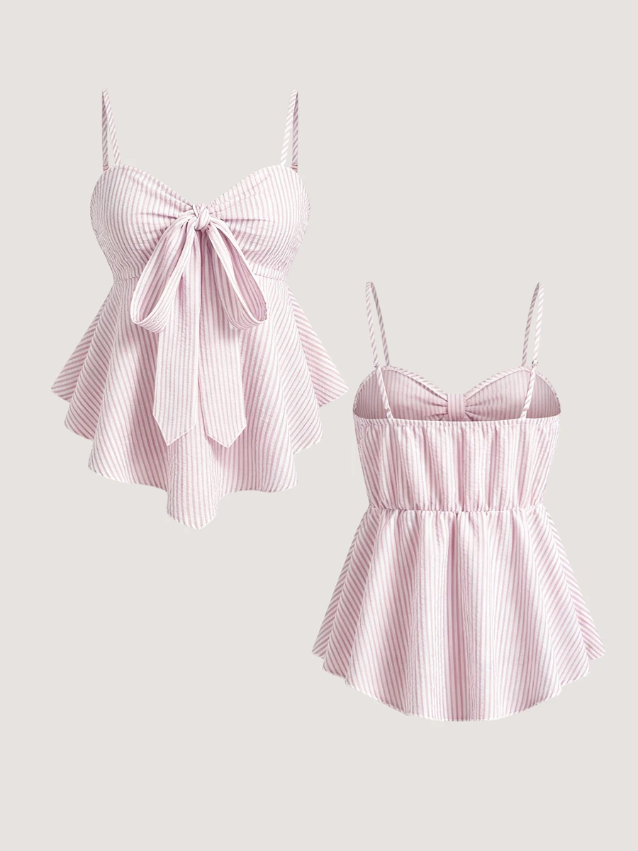 SHEIN Y2K Cute Coquette Aesthetic Pink And White Striped Ruched Bustier Cami Top With Front Bow, Fairycore Preppy G Going Out Vacation Summer - Pink - View 1