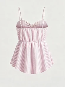 SHEIN Y2K Cute Coquette Aesthetic Pink And White Striped Ruched Bustier Cami Top With Front Bow, Fairycore Preppy G Going Out Vacation Summer - Pink - View 2