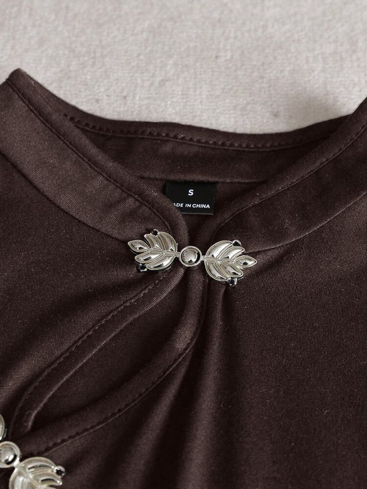 Olithes Women's Asymmetric Hem Elegant 70s Retro Vintage Mandarin Collar Vest Date Night Everyday Party Brown Floral Summer - Coffee Brown - View 5