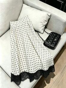 SHEIN 女款優雅黑白波點中長裙，夏季茶會百褶裙襬配黑色蕾絲拼接，寬腰帶休閒節慶穿搭 - 黑與白 - 查看 3