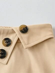 SHEIN 休閒百搭高腰A字開衩鈕扣裝飾鬆緊腰喇叭裙 春秋梭織斜紋布純杏色中長款女裙 - 駝色 - 查看 4