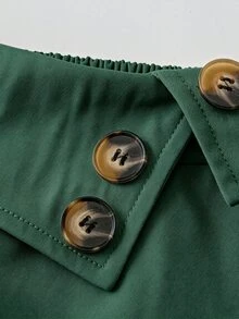 SHEIN 休閒百搭高腰A字鈕扣裝飾鬆緊腰蓬鬆大裙擺春秋梭織斜紋布純杏色中長女款半身裙 - 墨綠色 - 查看 3