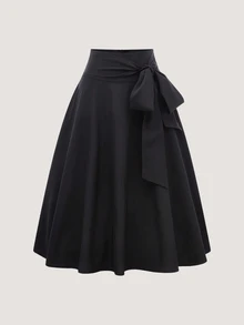 SHEIN 女款純色打結腰中長版優雅A字裙，適合嬌小女性 - 黑色 - 查看 1