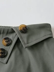 SHEIN 休閒百搭高腰 A 字版型鈕扣裝飾鬆緊腰喇叭全裙擺中長裙 春秋梭織斜紋布純杏色女款裙 - 灰色 - 查看 4