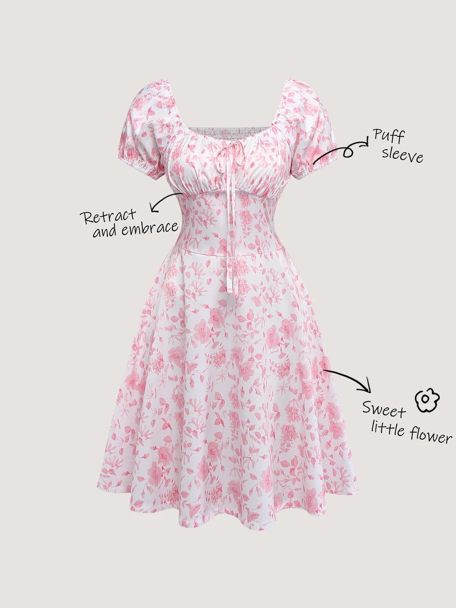 Olithes Women's Elegant Ditsy Floral Puff Sleeve Cinched Waist Mini Dress, Suitable For Vacation - Baby Pink - View 1