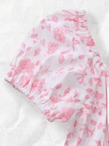 Olithes Women's Elegant Ditsy Floral Puff Sleeve Cinched Waist Mini Dress, Suitable For Vacation - Baby Pink - View 4