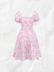 Olithes Women's Elegant Ditsy Floral Puff Sleeve Cinched Waist Mini Dress, Suitable For Vacation - Baby Pink - View 2