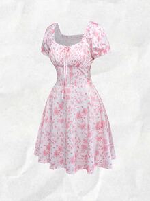 Olithes Women's Elegant Ditsy Floral Puff Sleeve Cinched Waist Mini Dress, Suitable For Vacation - Baby Pink - View 3