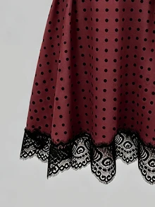 SHEIN 女款波點圖案對比蕾絲下擺優雅百褶裙 - 酒紅色 - 查看 5
