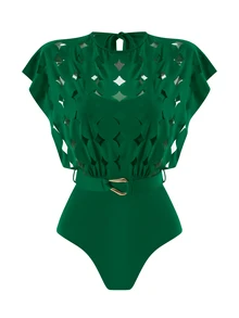 Swim Oasis 镂空纯色圆领女士腰带套装 - 綠色 - 查看 5
