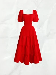 Olithes Women's Casual Solid Color Off-Shoulder Dress - Red - View 6