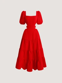 Olithes Women's Casual Solid Color Off-Shoulder Dress - Red - View 1