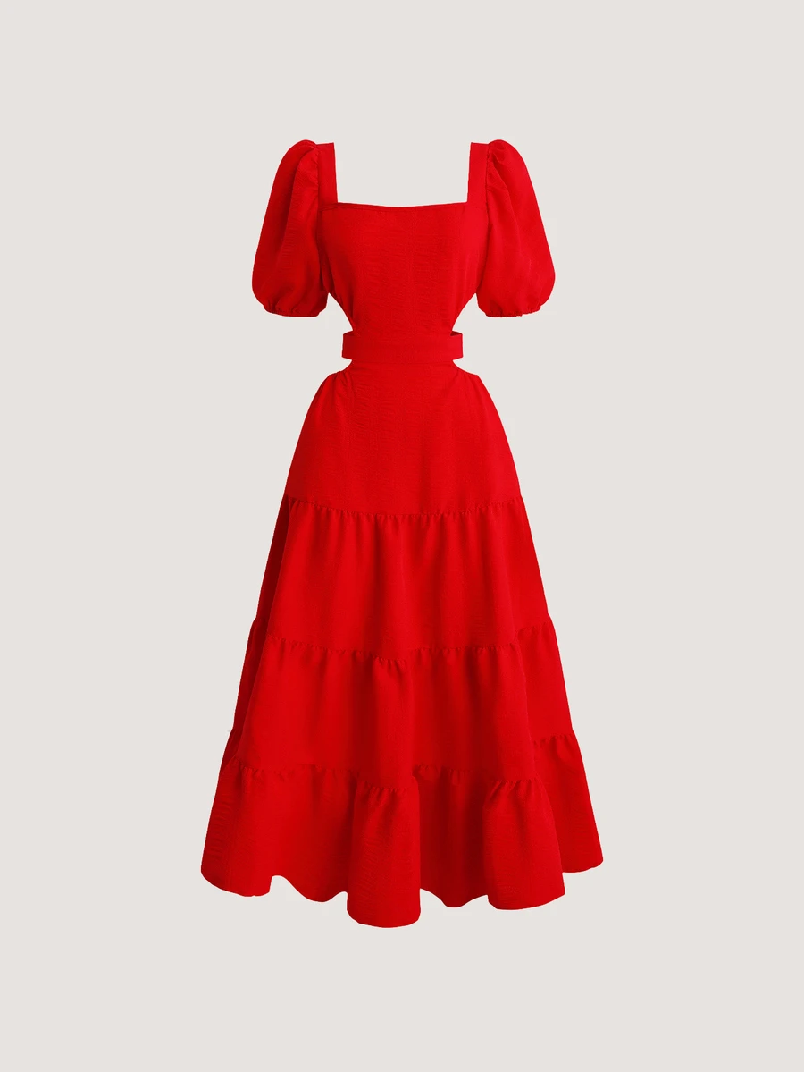 Olithes Women's Casual Solid Color Off-Shoulder Dress - Red - View 1