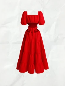 Olithes Women's Casual Solid Color Off-Shoulder Dress - Red - View 2