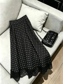 SHEIN 女款法式優雅70年代通勤派對蕾絲拼接黑白波點印花裙 秋季慕尼黑啤酒節 - 黑色 - 查看 3