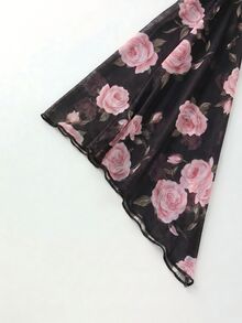 SHEIN 玫瑰印花百褶方領上衣與魚尾裙兩件套（隨機印花） - 黑色 - 查看 3