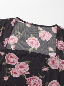 SHEIN 玫瑰印花百褶方領上衣與魚尾裙兩件套（隨機印花） - 黑色 - 查看 7