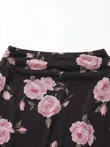 SHEIN 玫瑰印花百褶方領上衣與魚尾裙兩件套（隨機印花） - 黑色 - 查看 5