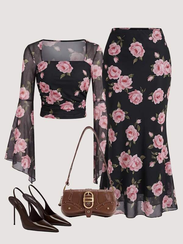 SHEIN Rose Print Pleated Square Neck Top And Mermaid Skirt 2 Pieces Set (Random Print)