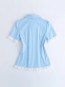 SHEIN 女士春夏新款蓝色格子撞色蕾丝修身休闲/工作/派对/度假短袖衬衫 - 淺藍色 - 查看 4