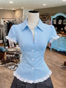 SHEIN 女士春夏新款蓝色格子撞色蕾丝修身休闲/工作/派对/度假短袖衬衫 - 淺藍色 - 查看 3