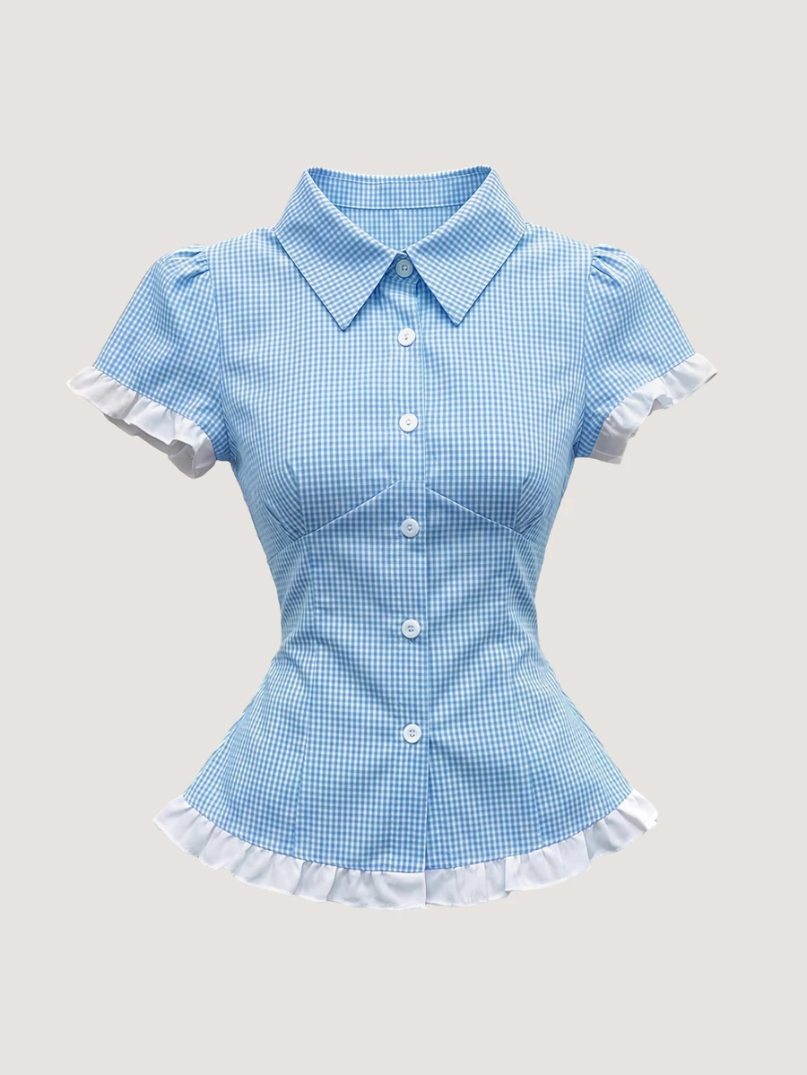SHEIN 女士春夏新款蓝色格子撞色蕾丝修身休闲/工作/派对/度假短袖衬衫 - 淺藍色 - 查看 1